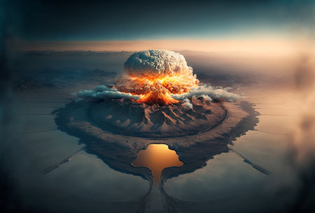 Aerial view on huge nuclear bomb explosion over New York city. Generative AI.の素材