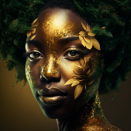 Fashion portrait of face of attractive young black woman with gold makeup and gold dust. Generative Ai.の素材