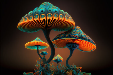 Illustration of a glowing psychedelic mushroom on dark background. Generative AIの素材