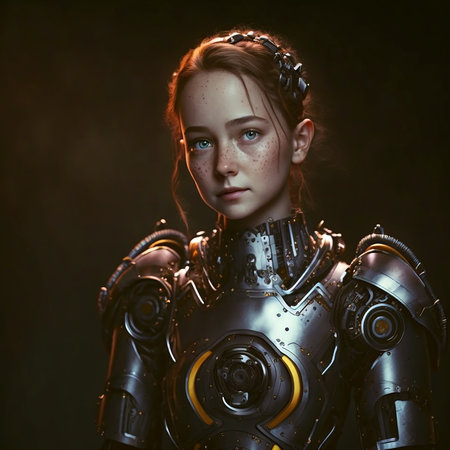 Young attractive girl half-robot or a humanoid android with mechanical body parts. Generative AIの素材