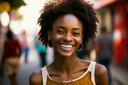 Cheerful black woman on street bokeh background. Generative AIの素材