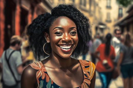 Cheerful black woman on street bokeh background. Generative AIの素材