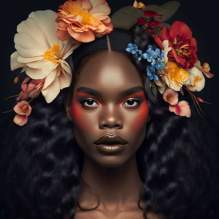 Portrait of young  sensual african american woman with  flowers in hair. Generative AIの素材