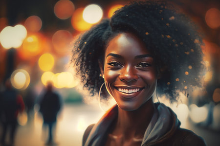 Cheerful black woman on street bokeh background. Generative AIの素材