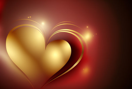 Red love background with stylized golden heart. Generative AI.の素材