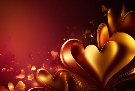 Red love background with stylized golden heart. Generative AI.の素材