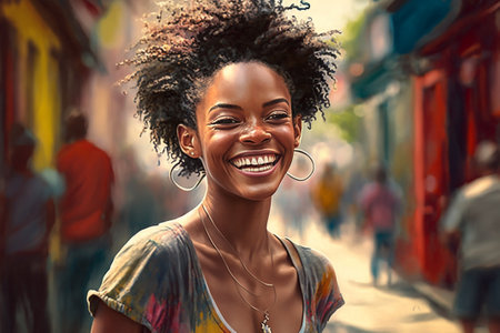 Cheerful black woman on street bokeh background. Generative AIの素材