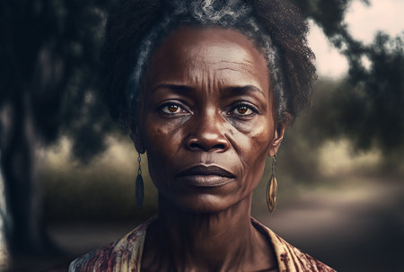 Portrait of sad strong black woman looking at camera. Generative AIの素材