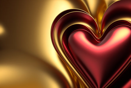Red love background with stylized golden heart. Generative AI.の素材
