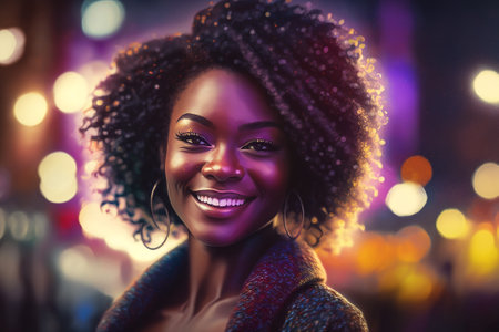 Cheerful black woman on street bokeh background. Generative AIの素材