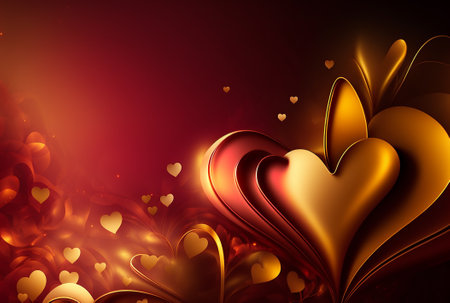 Red love background with stylized golden heart. Generative AI.の素材