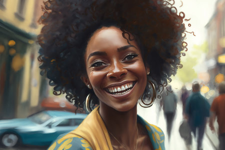 Cheerful black woman on street bokeh background. Generative AIの素材