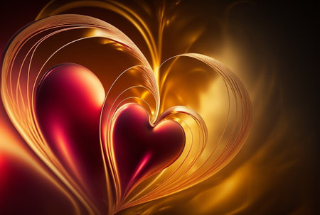 Red love background with stylized golden heart. Generative AI.の素材