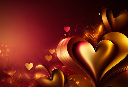 Red love background with stylized golden heart. Generative AI.の素材