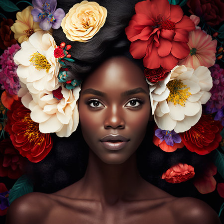 Portrait of young  sensual african american woman with  flowers in hair. Generative AIの素材