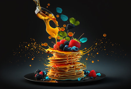Flying colorful berries, pancakes and golden honey syrup on black background. Generative AI.の素材