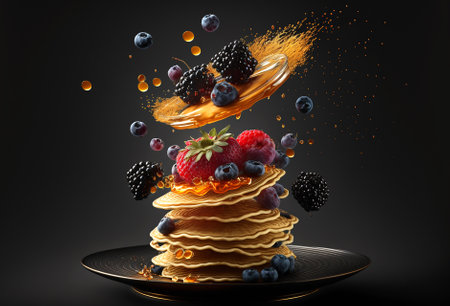 Flying colorful berries, pancakes and golden honey syrup on black background. Generative AI.の素材
