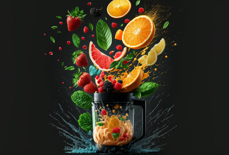 Blender with fruit flying, isolated on black background, fruit juice and splash. Generataive AIの素材