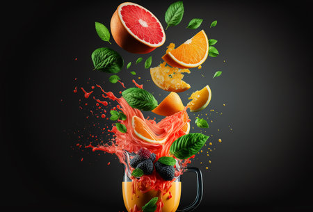 Blender with fruit flying, isolated on black background, fruit juice and splash. Generataive AIの素材
