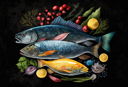 Illustration of fresh fish and seafood arrangement on black background. Generative AIの素材