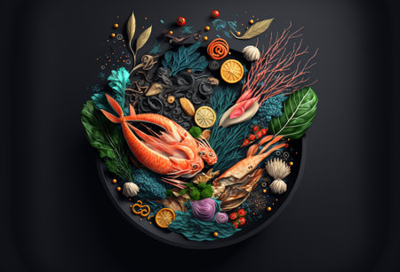 Illustration of fresh fish and seafood arrangement on black background. Generative AIの素材