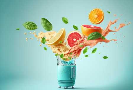 Blender with fruit flying, isolated on blue background, fruit juice and splash. Generataive AIの素材