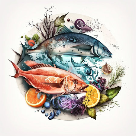 Illustration of fresh fish and seafood arrangement on white  background. Generative AIの素材