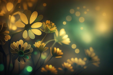 Floral background at green, yellow and golden color tones, copy space. Generative AIの素材