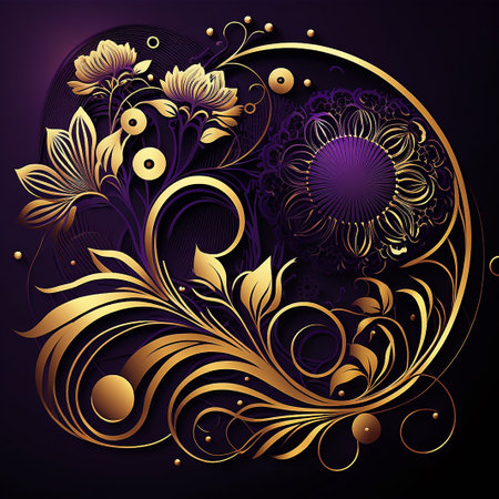 Abstract background of stylized flowers in shades of gold and purple, jewelry design. Generative AI.の素材