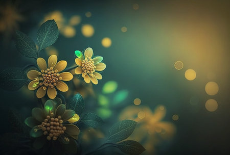 Floral background at green, yellow and golden color tones, copy space. Generative AIの素材