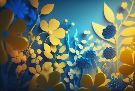 Abstract  floral background blue and yellow with soft light and free space for text. Generative AI.の素材