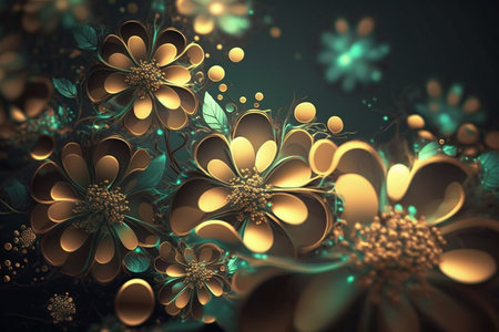 Floral background at green, yellow and golden color tones, copy space. Generative AIの素材