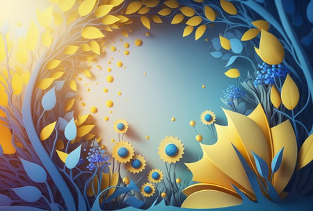 Abstract  floral background blue and yellow with soft light and free space for text. Generative AI.の素材