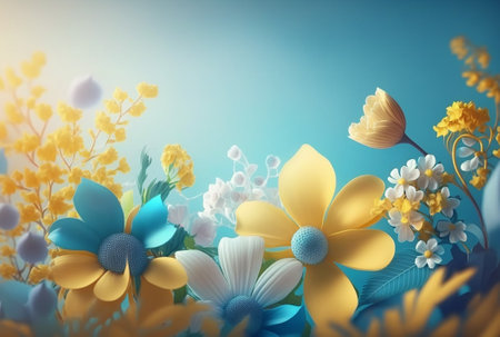 Abstract  floral background blue and yellow with soft light and free space for text. Generative AI.の素材