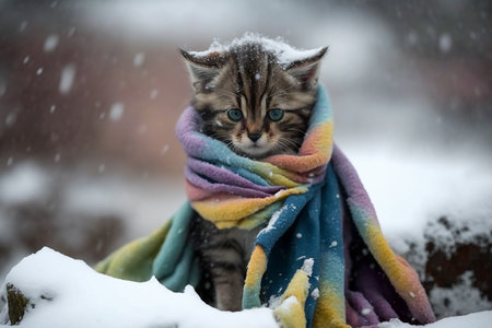 Cute sad kitten wearing colorful stylish scarf standing on winter path in snow blizzard. Generative AI.の素材