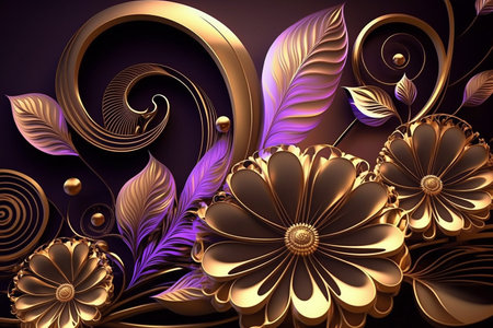 Abstract background of stylized flowers in shades of gold and purple, jewelry design. Generative AI.の素材