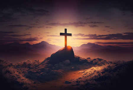 Illustration of good friday background with cross silhouette on golden sunset sky. Generative AIの素材