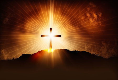 Illustration of good friday background with cross and golden sun rays. Generative AIの素材