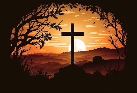 Illustration of good friday background with cross silhouette on golden sunset sky. Generative AIの素材