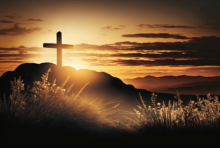 Illustration of good friday background with cross silhouette on golden sunset sky. Generative AIの素材