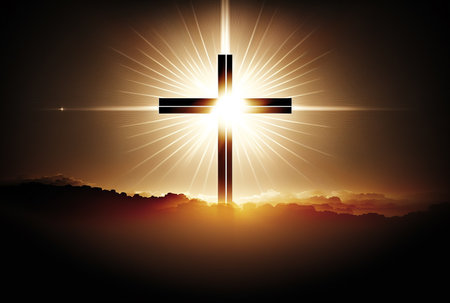 Illustration of good friday background with cross and golden sun rays. Generative AIの素材