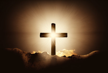 Illustration of good friday background with cross and golden sun rays. Generative AIの素材