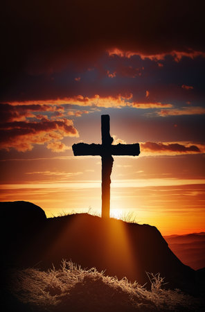 Illustration of good friday background with cross silhouette on golden sunset sky. Generative AIの素材