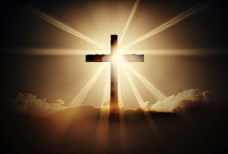 Illustration of good friday background with cross and golden sun rays. Generative AIの素材