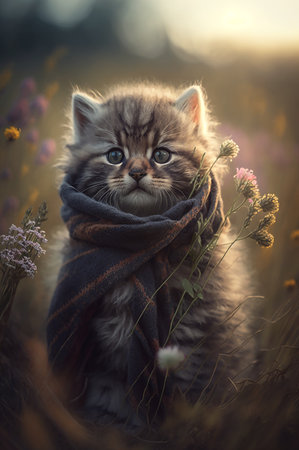 Cute sad kitten wearing stylish scarf sit in a sunny wildflower meadow. Generative Aの素材