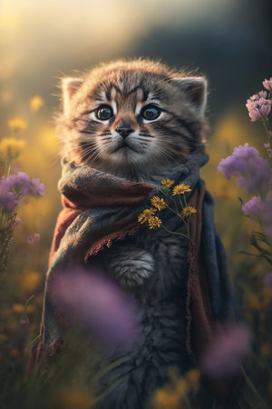 Cute sad kitten wearing stylish scarf sit in a sunny wildflower meadow. Generative Aの素材