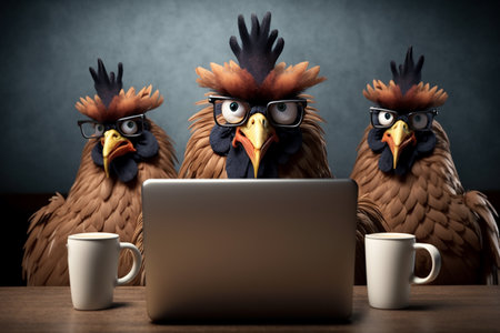 Angry rooster and two hens behind a laptop, office work concept. Generative AIの素材