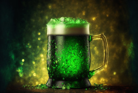 Patrick's day traditional green beer on sunshine bokeh background. Generative AI illustrationの素材