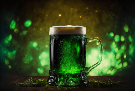 Patrick's day traditional green beer on sunshine bokeh background. Generative AI illustrationの素材