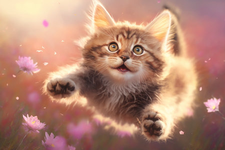 Happy kitten fly and jump over pink flower meadow. Generative AIの素材